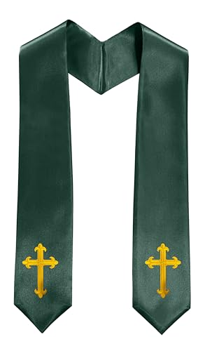 Priest White Stole 60 Inch Gold Cross Embroidery Church - color: Forest Green Stole + Gold Cross