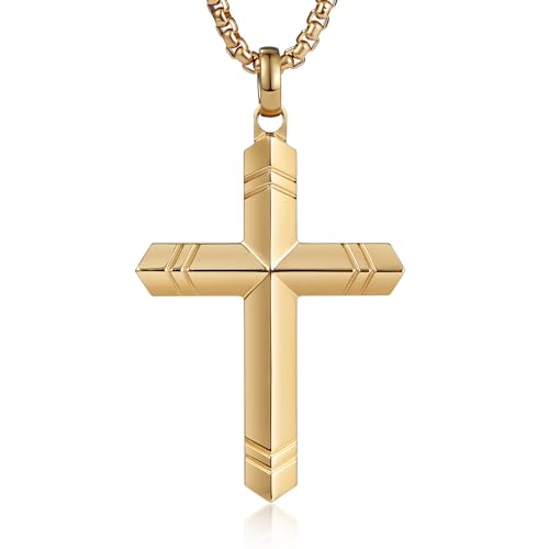 Stainless Steel Cross Necklace for Men with Adjustable Box Chain Christian Cross neckalce Gift - color: Gold-B