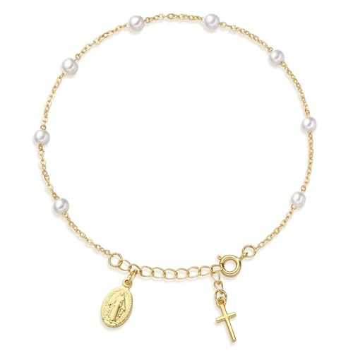Rosary Bracelet for Women, Dainty 14K Gold Plated Virgin Mary Cross Charm Bracelet Catholic First Communion Baptism Religious Gifts for Her - color: Style A：Dainty Rosary
