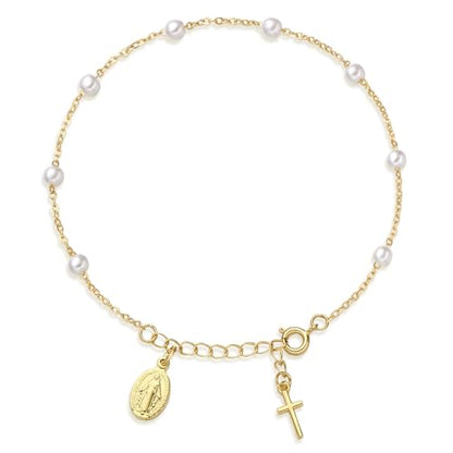 Rosary Bracelet for Women, Dainty 14K Gold Plated Virgin Mary Cross Charm Bracelet Catholic First Communion Baptism Religious Gifts for Her - color: Style A：Dainty Rosary