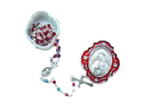 Catholic Silver Linked Rosary Set – 3mm Beads, 14.25" Length, Metal Keepsake Gift Box with Enamel Inlay – Perfect First Communion Gift (Lady of Guadalupe) - color: Lady of Guadalupe