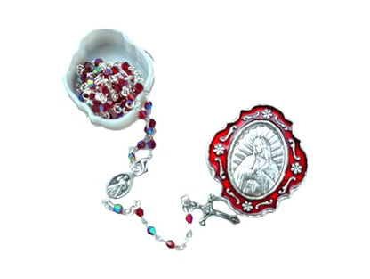 Catholic Silver Linked Rosary Set – 3mm Beads, 14.25" Length, Metal Keepsake Gift Box with Enamel Inlay – Perfect First Communion Gift (Lady of Guadalupe) - color: Lady of Guadalupe