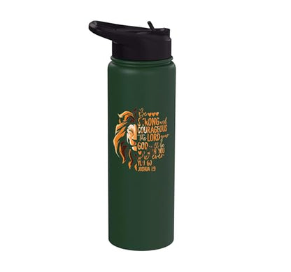 Christian Bible Verse Joshua 1:9 Lion Stainless Steel Insulated Water Bottle - color: Dark Green