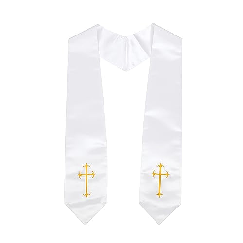 Clergy Stole, Choir Stole with Cross Embroidery 60'' - color: White