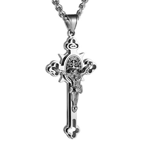 HZMAN Stainless Steel St. Benedict Crucifix Cross Necklace for Men - color: Large Silver