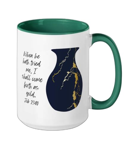 Bible Verse Jesus Christ Kintsugi Vase Gold Job Christian Ceramic Mug, Dark Green/White, 15oz - color: Dark Green/White, size: 15 Ounces