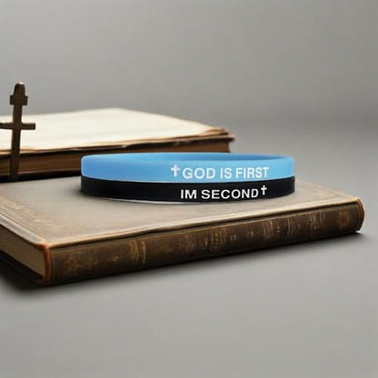 LIU JUN God Is First Bracelet, GOD IS FIRST IM SECOND Christian Rubber Bracelets Inspirational Engraved Bible Verses Cross Silicone Bracelet For Women Men Faith Gifts - color: blue-black