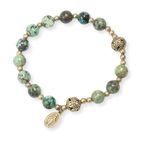 Nazareth Store Stone Beads Rosary Bracelet with Metal Separators and Catholic Medal - Durable and Elegant Wrist Jewelry - color: Africa Jasper