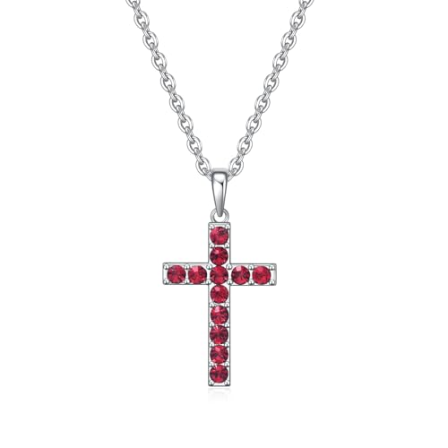 Birthstone Cross Necklace for Women,First Communion Gifts Easter Baptism Cross Jewelry Pendant Gift - color: 07July-Ruby Red