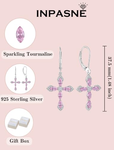 Birthstone Cross Earrings for Women 925 Sterling Silver - color: 10 October - Pink Tourmaline