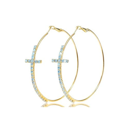 Large Cross Hoop Earrings for Women Sparkly Rhinestone Statement Jewelry for Prom Wedding Party Night Out Accessories Shiny Silver Tone Fashion Dangle Earings - color: Light Blue