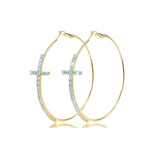 Large Cross Hoop Earrings for Women Sparkly Rhinestone Statement Jewelry for Prom Wedding Party Night Out Accessories Shiny Silver Tone Fashion Dangle Earings - color: Light Blue