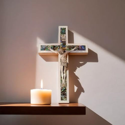 6 Inch Mother of Pearl Wall Crucifix Cross, Olive Wood Cross for Wall Covered with Mother of Pearl Made in the Holy Land