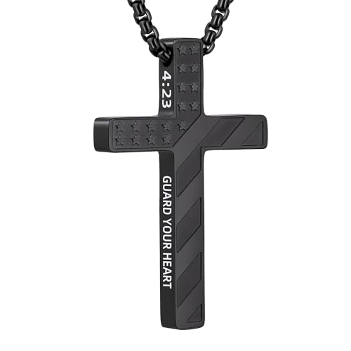 Cross Necklace for Men Black Gold Silver American Flag Pendant Chain Bible Verse Stainless Steel Necklaces Mens Stocking Stuffers for Christmas Christian Gifts - color: black, style: 4:23-