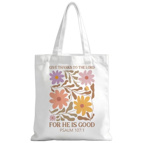 Christian Tote Bag Religious Gifts Canvas Bags for Women Men Shopping Work Gym Picnic Travel - color: Give Thanks to the Lord for He is Good Psalm 107:1
