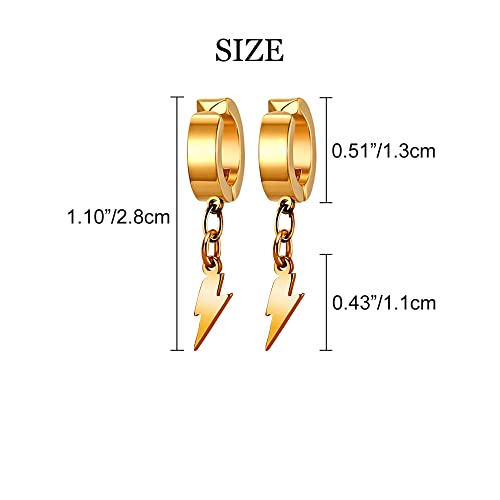 Unisex Punk Hip Hop Stainless Steel Silver Black Gold Tone Lock Thunder Lightning Bolt Dangle Huggie Hoop Earrings Gift for Women Men Boy Teens - color: Gold-No Pierce Lightning