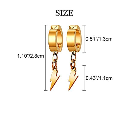 Unisex Punk Hip Hop Stainless Steel Silver Black Gold Tone Lock Thunder Lightning Bolt Dangle Huggie Hoop Earrings Gift for Women Men Boy Teens - color: Gold-No Pierce Lightning