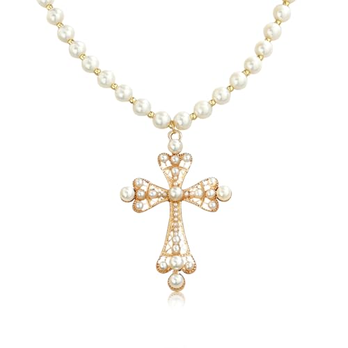 Pearl Cross Necklace Big Cross Pendants Necklaces for Women Chunky Pearl Necklace Gothic Cross Necklace Punk Vintage Cross Jewelry Women - style: Punk
