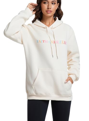 Faith Over Fear Hoodie Womens Christian Graphic Cute Hoodies Cotton Blend Sweatshirt Casual Tops - color: Beige, size: X-Small