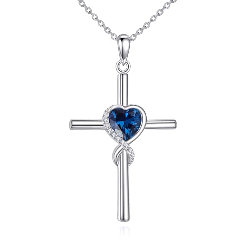 S925 Sterling Silver Cross Necklace for Women Birthstone Necklace Heart Infinity Cross Pendant Necklace Christmas Valentines Day Gifts Birthday Holiday Gifts for Her, 18"+2" Inches - color: 09-Sep Birthstone - Blue Sapphire