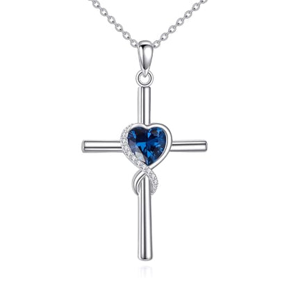 S925 Sterling Silver Cross Necklace for Women Birthstone Necklace Heart Infinity Cross Pendant Necklace Christmas Valentines Day Gifts Birthday Holiday Gifts for Her, 18"+2" Inches - color: 09-Sep Birthstone - Blue Sapphire