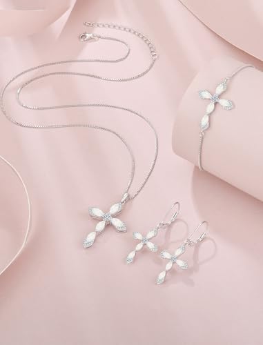 Birthstone Cross Earrings for Women 925 Sterling Silver - color: 10 October - Opal