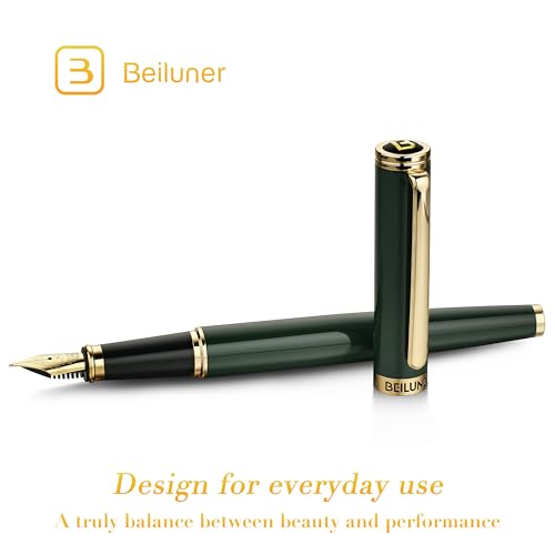 BEILUNER Racing Green Fountain Pen,Stunning Luxury Pens with 24K Gold Finish, Gorgeous 24K Gilded Nib(Medium), Fancy Pen Gift for Men&Women -Ink Converter-Christmas, Office,Fancy,Nice Pen for Writing - color: Green and Gold Finish, style: Medium Nib