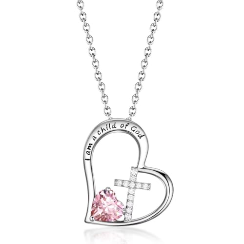 Birthstone Cross Necklace for Girls, Child of God Cross Gifts Jewelry - color: 10. October, style: 01. Silver
