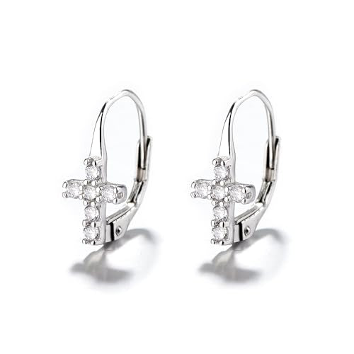 Sterling Silver & White Gold Plated Cross Earrings with Crystals for Women - style: 18k White Gold Plated Crystal Cross
