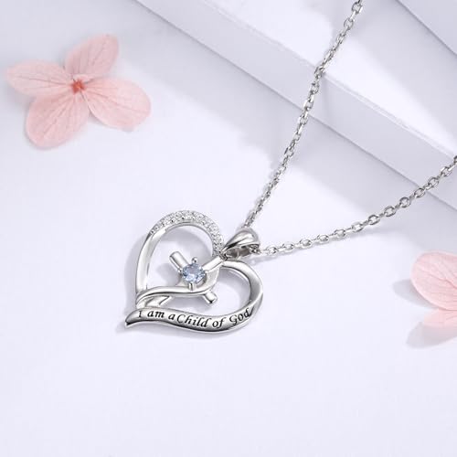 925 Sterling Silver I Am a Child of God Scripture Pendant with Birthstone Heart Cross Communion Necklace for Women Christian Faith Jewelry Gift - color: March
