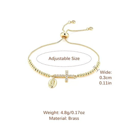 HZMAN 14K Gold Plated Cross Bracelet for Women, Brass Adjustable Bolo Bracelet with CZ, Religious Saint Benedict/Virgin Mary/Jude Pendant Jewelry Gift - color: Virgin Mary