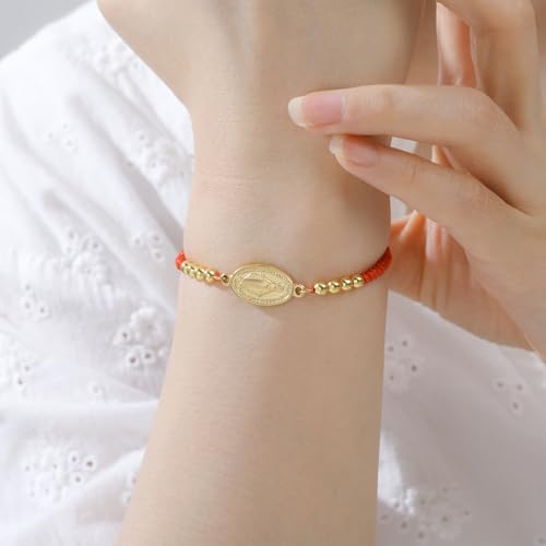 VASSAGO Virgin Mary Bracelet for Women Men Double-Sided Virgen de Guadalupe Rosary Bracelet Medal Handmade Braided Rope Catholic Christian Religious Jewelry Gift - color: gold-red string