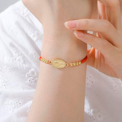 VASSAGO Virgin Mary Bracelet for Women Men Double-Sided Virgen de Guadalupe Rosary Bracelet Medal Handmade Braided Rope Catholic Christian Religious Jewelry Gift - color: gold-red string