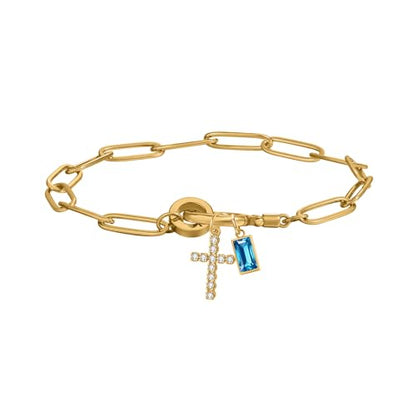 Paperclip Birthstone Cross Charm Bracelet – 18K Gold Plated Link Chain with Cross Charm & Personalized Birthstone, Adjustable Faith Jewelry Gift for Women, Baptism Confirmation Birthday - color: Dec - Blue Topaz