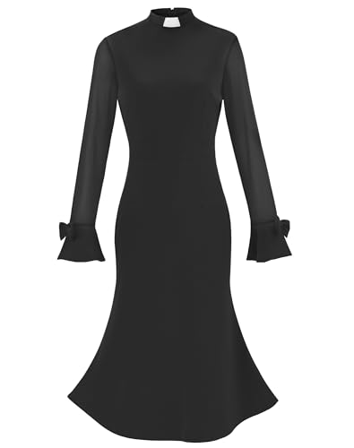 Trumpet Long Sleeve Mesh Church Dress Clergy Tab Insert Collar Priestess Dress - color: Black, size: Small
