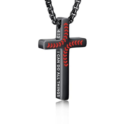 Baseball Bible Verse Cross Necklace for Boys Men, Stainless Steel Cross Pendant Baseball Game Day Christian Religious Jewelry Gifts for Teen Boys Kids - color: Black, style: PHILIPPIANS 4:13
