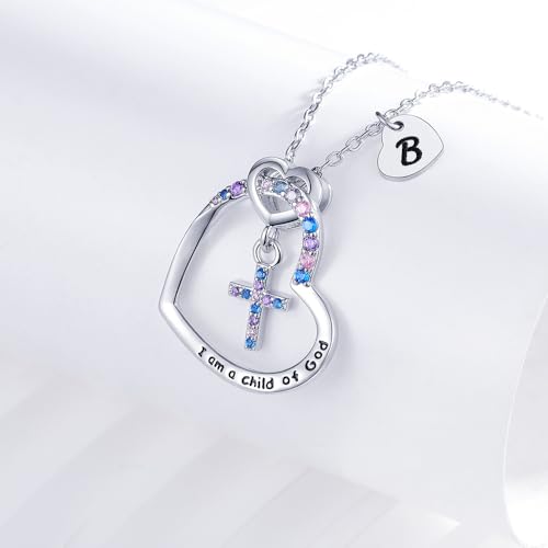 Cross Necklace for Girls | I am a child of God Necklace for Girls | Heart Letter initial | 18K White Gold Plated Pendant Jewelry First Communion Baptism Gifts Christmas Birthday Gifts for Girl Women - color: B