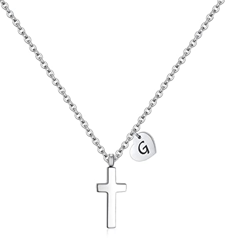 Tiny Cross Necklace for Kids Girls, Initial A-Z , Birthstone Cross Gifts - color: Silver, style: G