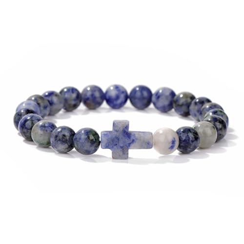 8mm Gemstone Cross Bracelet for Women Men – Stretch Beaded Faith Bracelet with Sideways Cross (Multiple Colors) - style: Sodalite