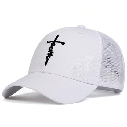 Embroidered Cross Baseball Cap, Christian Adjustable Snapback Hat for Men & Women, Structured Dad Hat with Jesus Faith Design - color: Trucker White Hat Black Cross