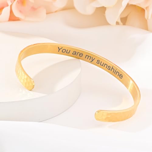 Inspirational Bible Verse Cuff Bracelet for Women, 18K Gold Plated Hammered Bangle, Christian Faith Jewelry Gift, Adjustable Non Tarnish - color: You are my sunshine-Hammered Gold