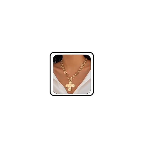 Atiptu Gold Chunky Cross Necklace for Women Statement Cross Pendant Necklace Layered Hammered Bold Cross Necklace Vintage Toggle Clasp Necklace Jewelry - color: Gold