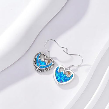 AOBOCO 925 Silver Mustard Seed Cross Heart Dangle Drop Earrings Women - color: Silver-Blue Opal