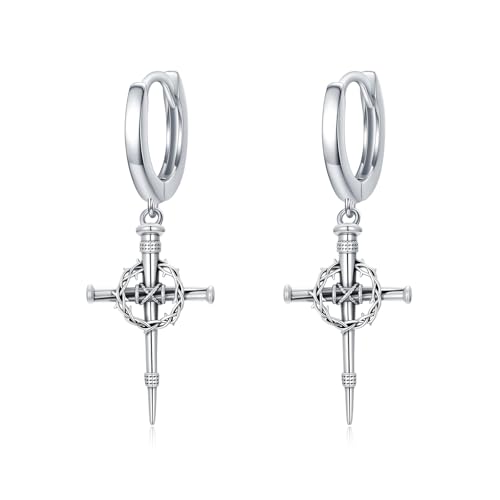 Cross Earrings for Women Men 925 Sterling Silver, Cross Hoop Drop Earrings, Christian Jewelry Gift for Women Men - style: Thorn Crown Cross Earrings