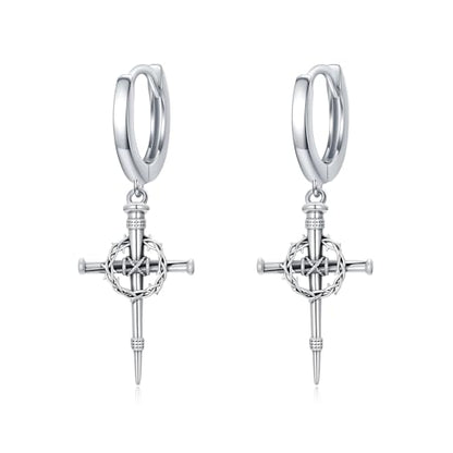 Cross Earrings for Women Men 925 Sterling Silver, Cross Hoop Drop Earrings, Christian Jewelry Gift for Women Men - style: Thorn Crown Cross Earrings