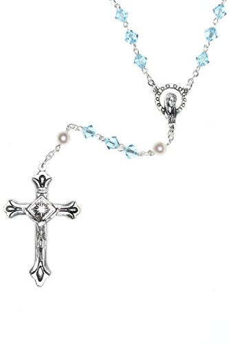 Catholic Prayer Rosary Created with Swarovski® Crystals-Glass-Silver-Gold - color: Aquamarine - March - SILVER