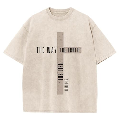 Christian Shirts for Men The Way The Truth The Life Shirt Jesus God Cross Bible Verse Oversized Washed Graphic Tees - color: Apricot2, size: 3X-Large