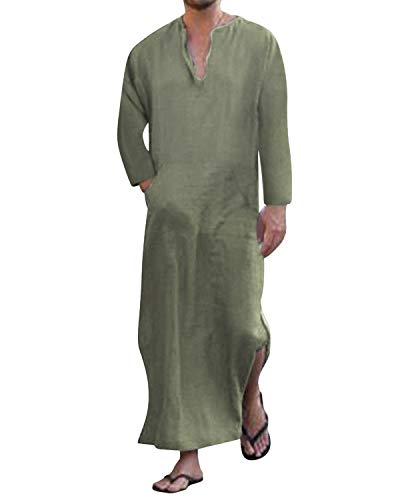 Jacansi Men's 65% Cotton 35% Linen Kaftan Thobe, Long Sleeve Casual Arabic Robe, Loose Long Gown with Pockets - color: Army Green #1, size: X-Large