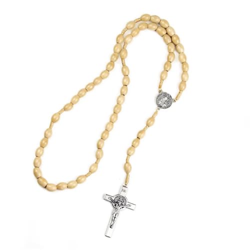 Natural Wood Beaded Cross Rosary Necklace Boho Handmade 8MM Wooden Beads with Jesus Cross Lightweight Rope Necklace for Men Women Religious Christian Prayer Fashion Jewelry Gifts - color: Wood oval