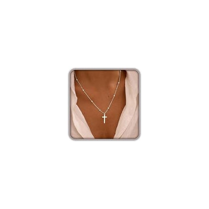 Cross Necklace for Women, Dainty 14K Gold Plated Cross Pendant Simple Long Necklaces for Women, Christian Faith Necklace Trendy Gold Jewelry Gifts for Easter - color: silver bead cross necklace